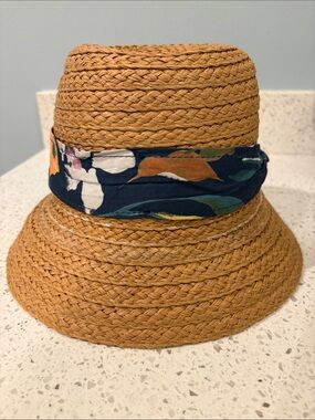 Straw Bucket Hat with Floral Band - Tan